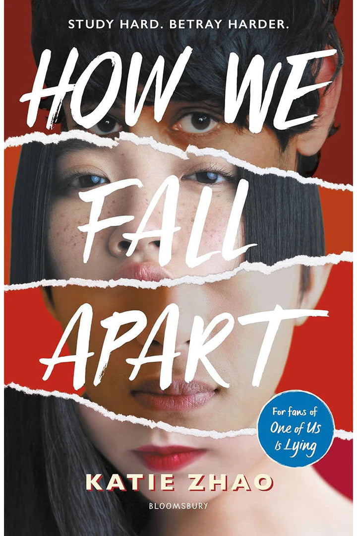 Cover of the book 'How We Fall Apart' by Katie Zhao, featuring a torn paper design with a photo of a young person in the background.