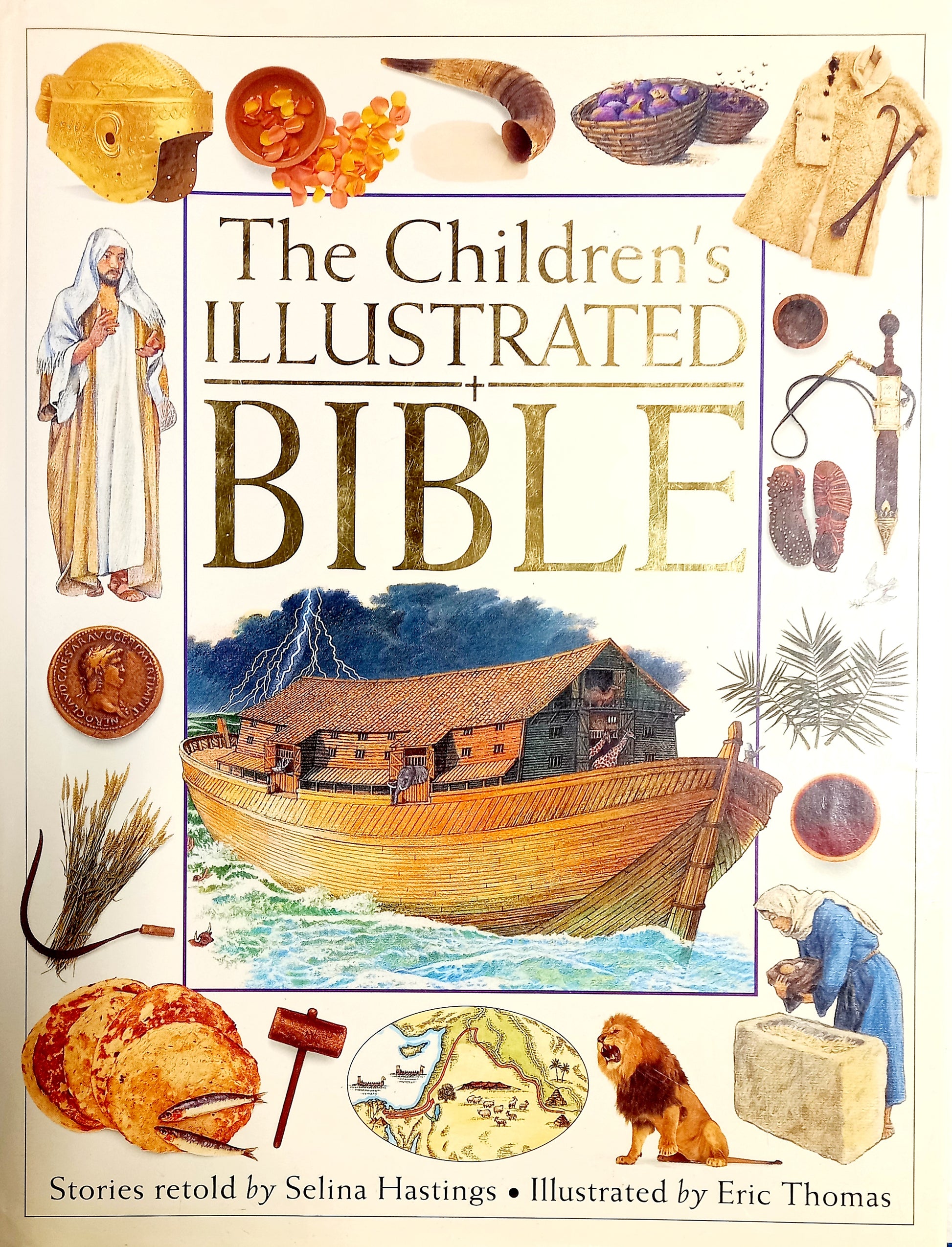Cover of 'The Children's Illustrated Bible' featuring various illustrations including Noah's Ark, the Ten Commandments, and key figures from Christian faith.
