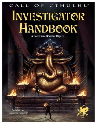 Cover of 'Call of Cthulhu Investigator Handbook' with Cthulhu illustration and players in front.