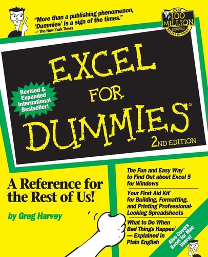 Book cover of 'Excel for Dummies' with text and graphics on a yellow background