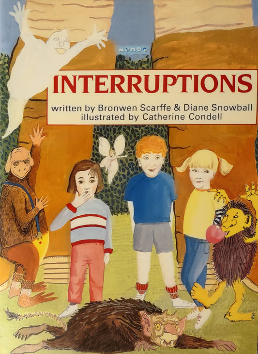 Book cover of 'Interruptions' with children and animals in a fantasy scene.