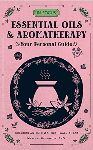 Book cover of 'Essential Oils & Aromatherapy: Your Personal Guide' with a pink background and black circular design.