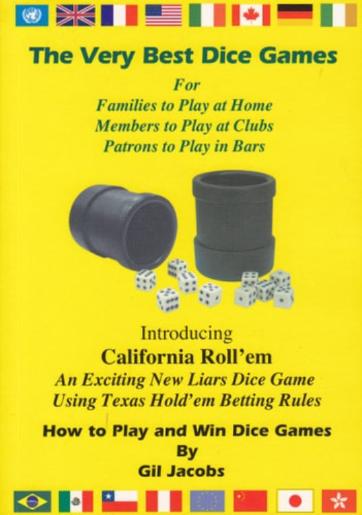 Book cover for 'The Very Best Dice Games' by Gil Jacobs featuring dice and dice cups on a yellow background with various national flags.