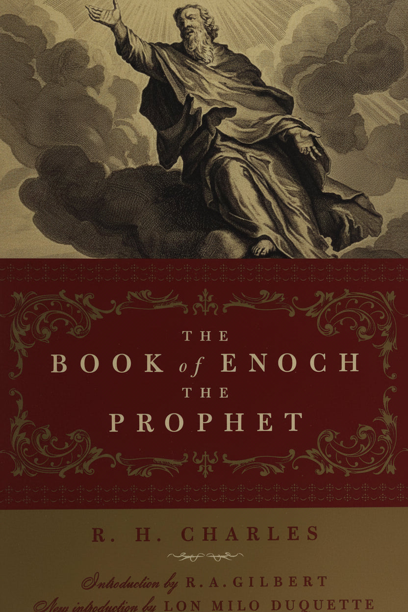 Book cover of 'The Book of Enoch the Prophet' by R.H. Charles with a religious illustration on a red and brown background.