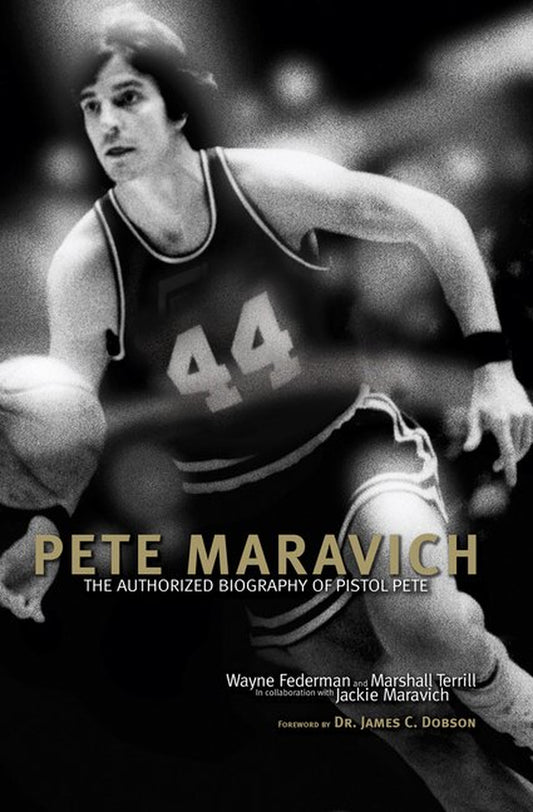 Book cover of 'Pete Maravich: The Authorized Biography of Pistol Pete' featuring a black and white image of Pete Maravich in a basketball uniform with the number 44 on the front. The co-authors' names are listed at the bottom.