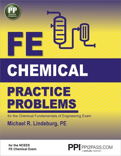 Book cover of 'FE Chemical Practice Problems' by Michael R. Lindeburg, PE with a yellow and purple design.