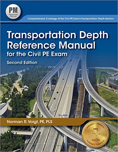 Book cover of 'Transportation Depth Reference Manual for the Civil PE Exam' with a bridge image on a blue background.