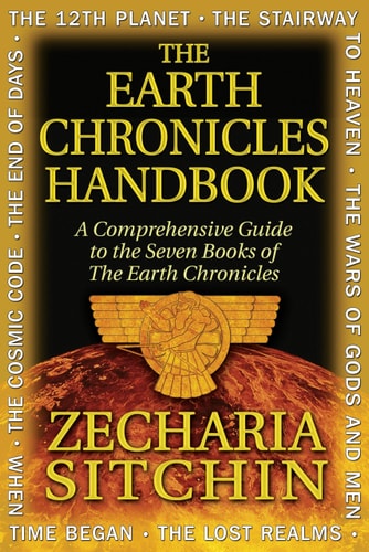 Book cover of 'The Earth Chronicles Handbook' by Zecharia Sitchin with a gold emblem and earth graphic.