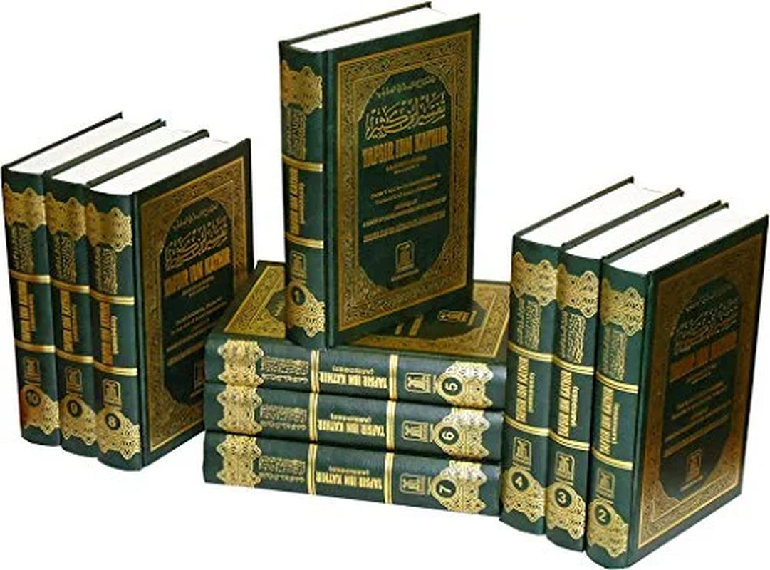 A set of 10 hardcover book set display 'Tafsir Ibn Kathir: Entire Full-10 Volume & Abridged Hardcover Edition [ISBN: 9781591440208]' books with leather-bound covers and gold embossing, labeled as Tafsir Ibn Kathir.