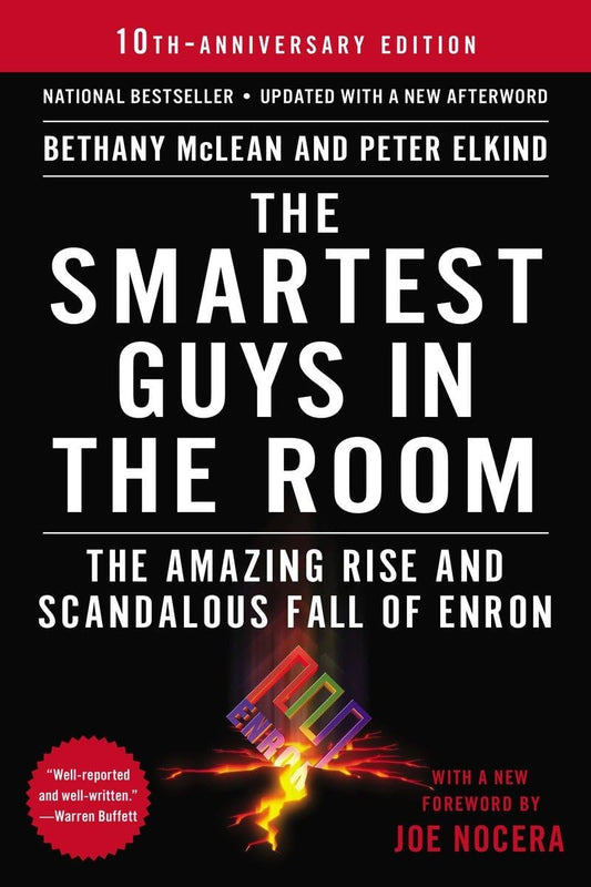 Book cover of 'The Smartest Guys in the Room' by Bethany McLean & Peter Elkind featuring a design with colorful abstract shapes in a room, indicating a scandalous fall of a corporation.