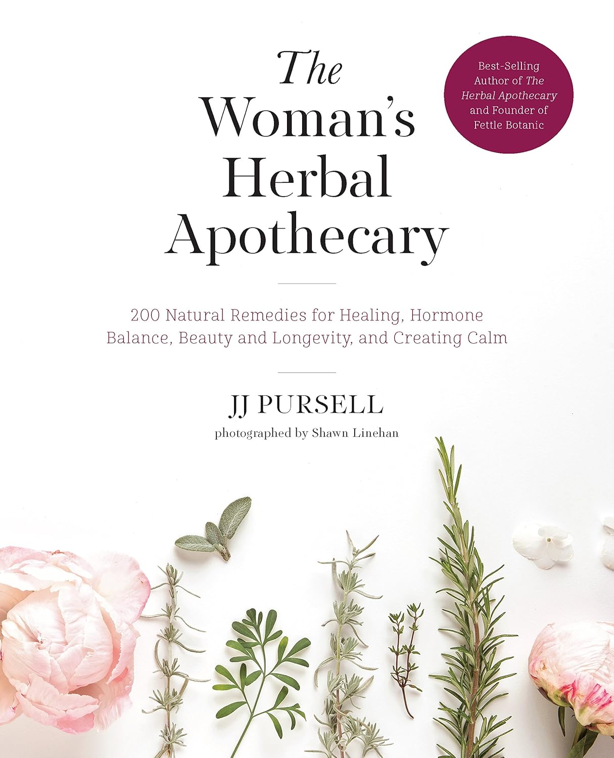 Book cover of 'The Woman's Herbal Apothecary' with herbs and flowers on a white background