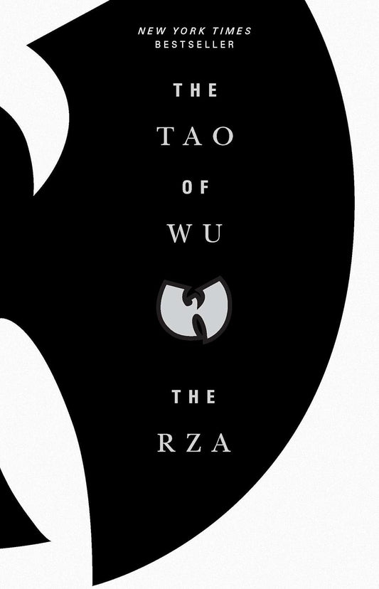 The cover of the book 'The Tao of Wu' by The RZA features a bold design with a large black and white logo resembling a stylized 'W', representing the Wu-Tang Clan, and the title in white text.