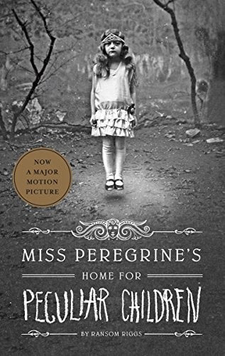 Cover of the book 'Miss Peregrine's Home for Peculiar Children' featuring a vintage photograph of a young girl in a dress standing on a wet road with text overlay.