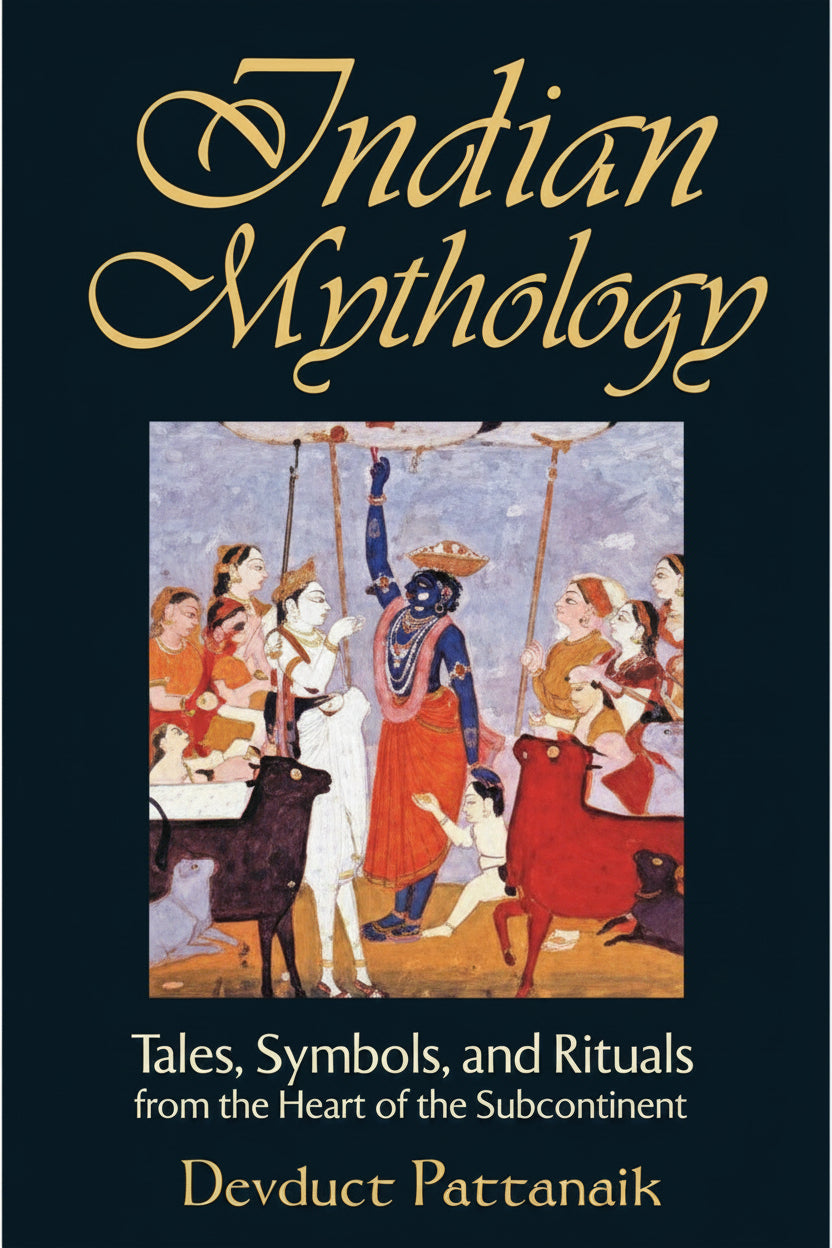 Book cover of 'Indian Mythology' with illustrations and text.