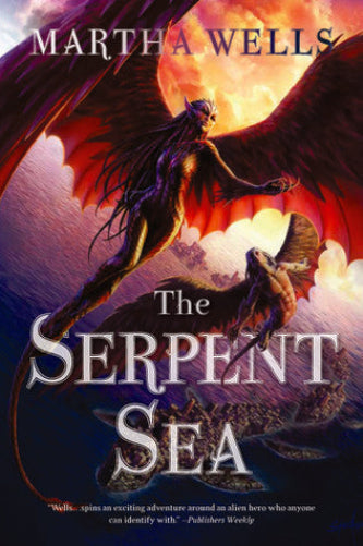 Book cover for 'The Serpent Sea' by Martha Wells, featuring a dramatic fantasy illustration of a winged serpent-like creature flying over purple and orange seas under a fiery sky.