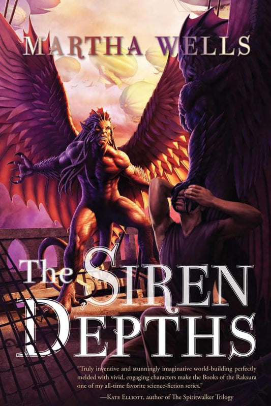 Book cover of 'The Siren Depths' by Martha Wells featuring a creature with wings and a woman.
