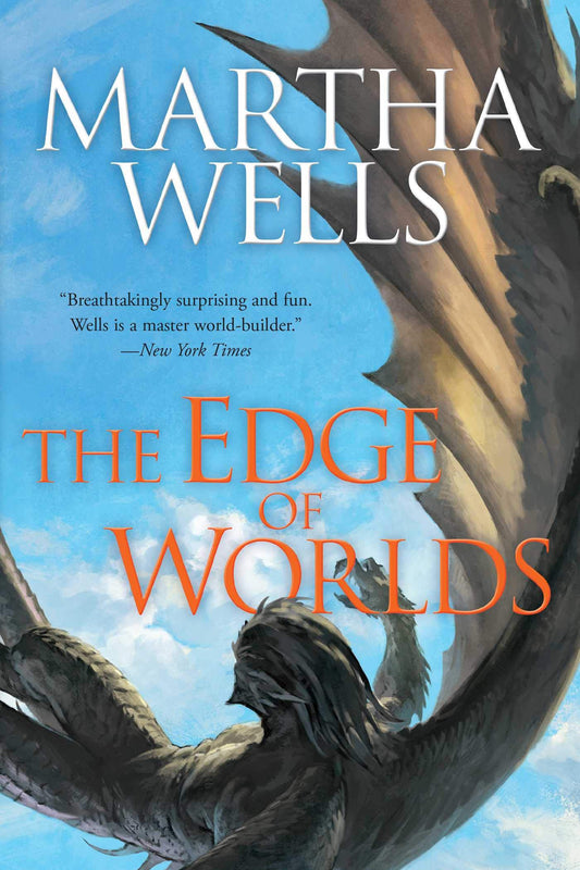 Book cover of 'The Edge of Worlds' by Martha Wells with a dragon illustration against a blue sky.