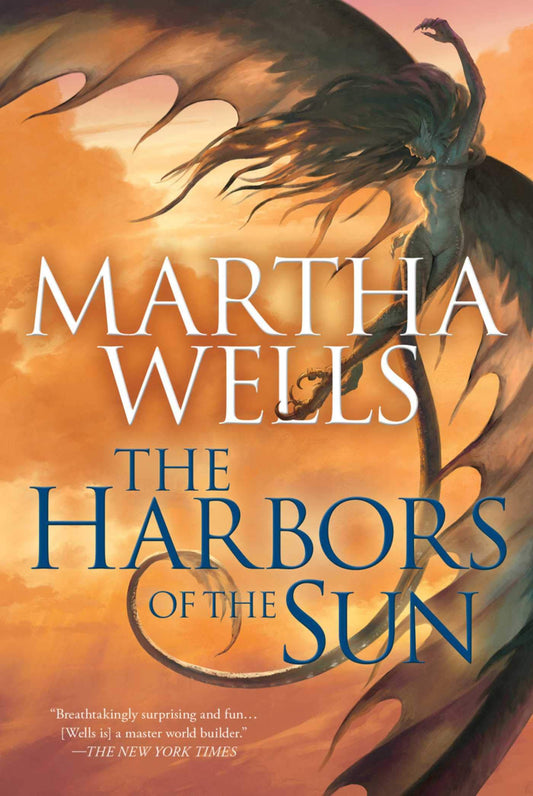 Book cover of 'The Harbors of the Sun' by Martha Wells with a dragon and sunset design.