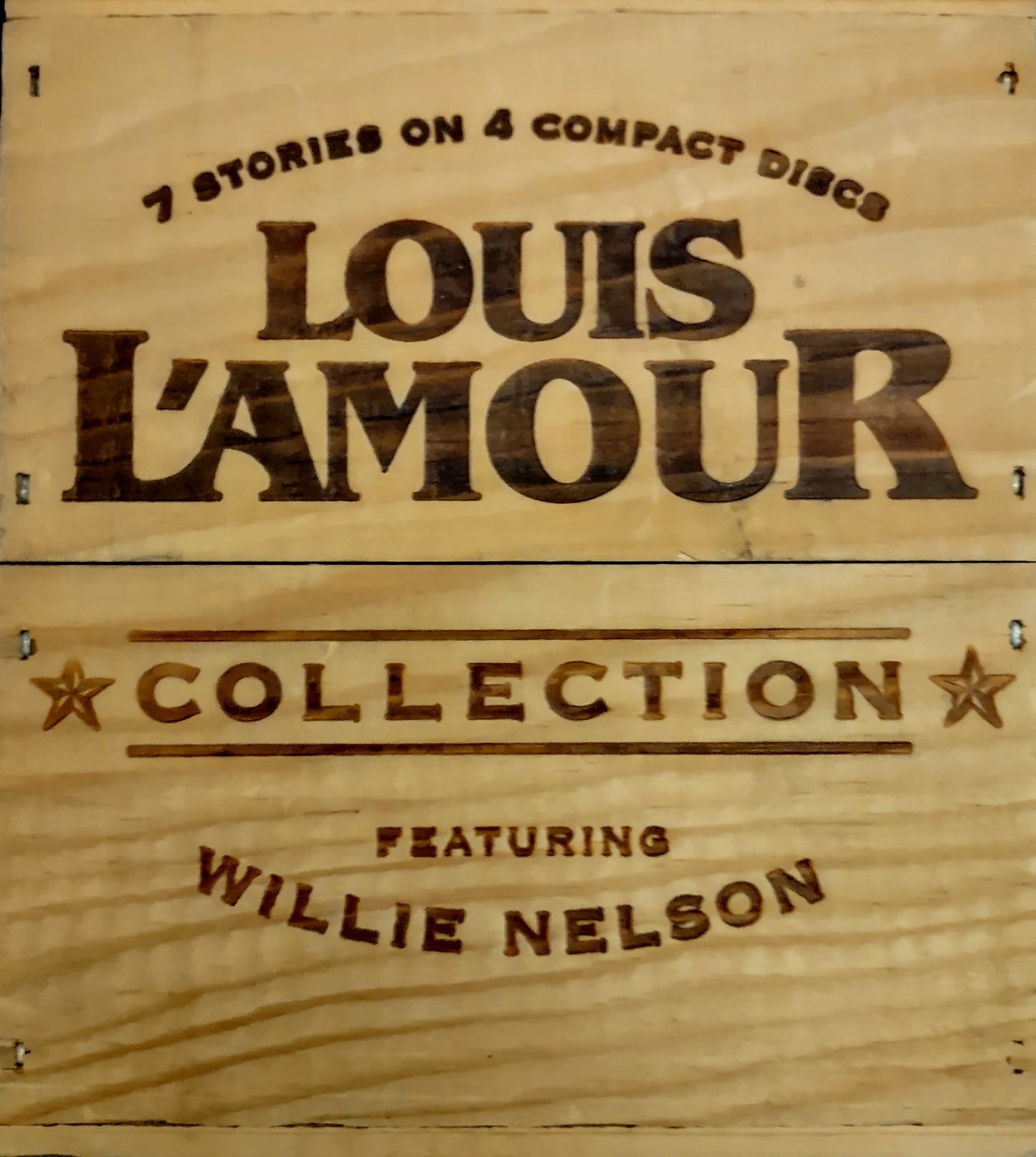 Wooden box with 'Louis L'Amour Collection featuring Willie Nelson' text.