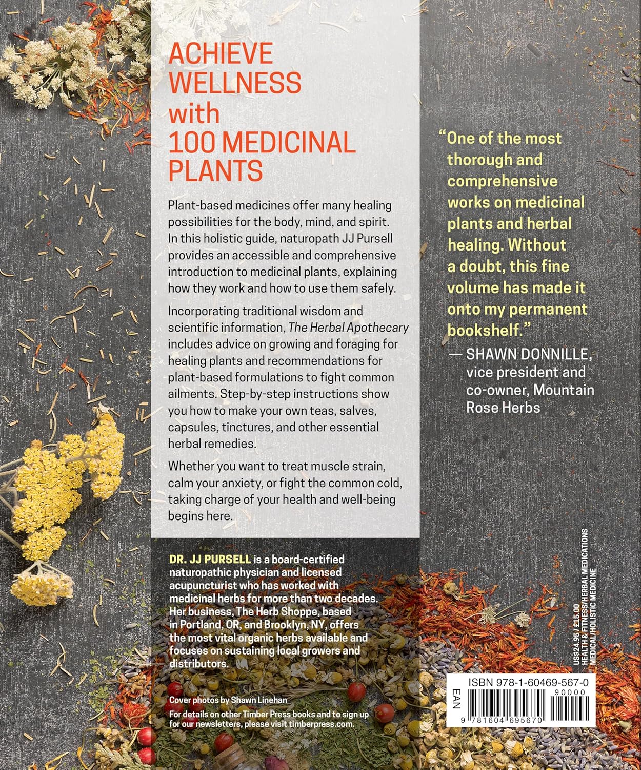 Book back cover of 'The Herbal Apothecary' with herbs and a mortar and pestle on a gray background.