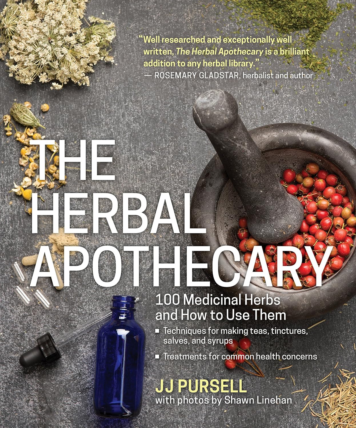 Book cover of 'The Herbal Apothecary' with herbs and a mortar and pestle on a gray background.