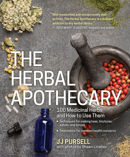 Book cover of 'The Herbal Apothecary' with herbs and a mortar and pestle on a gray background.