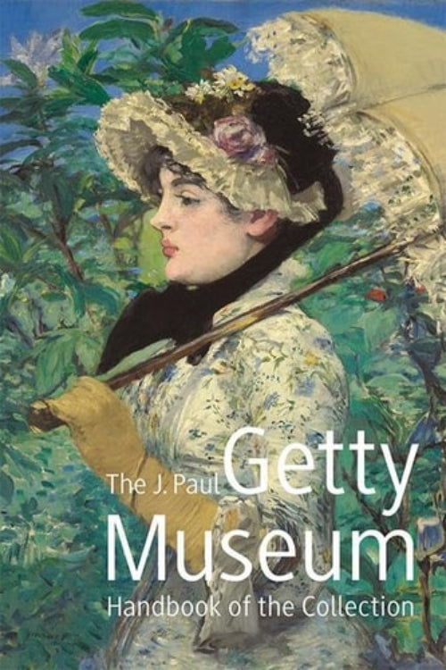Cover of 'The J. Paul Getty Museum Handbook of the Collection' featuring a painting of a woman in a hat and floral dress holding a parasol, with a garden and fence in the background.
