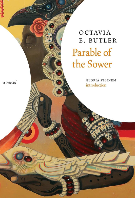 Book cover of 'Parable of the Sower' by Octavia E. Butler with a stylized illustration of a bird and abstract design.