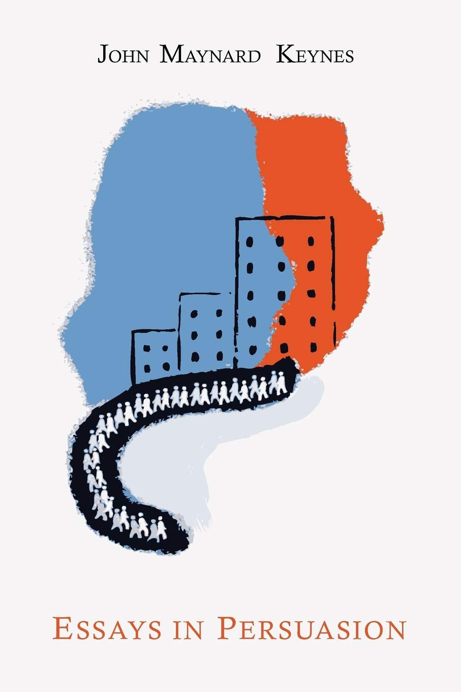 Book cover of 'Essays in Persuasion' by John Maynard Keynes with blue, orange, and black illustrations on a white background.