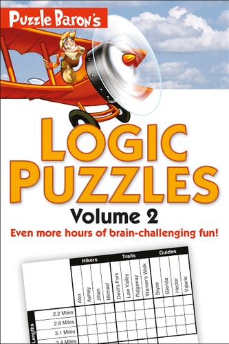 Cover of "Puzzle Baron's Logic Puzzles: Volume 2" featuring an illustration of a puzzle grid and a cartoon plane with the Puzzle Baron logo.