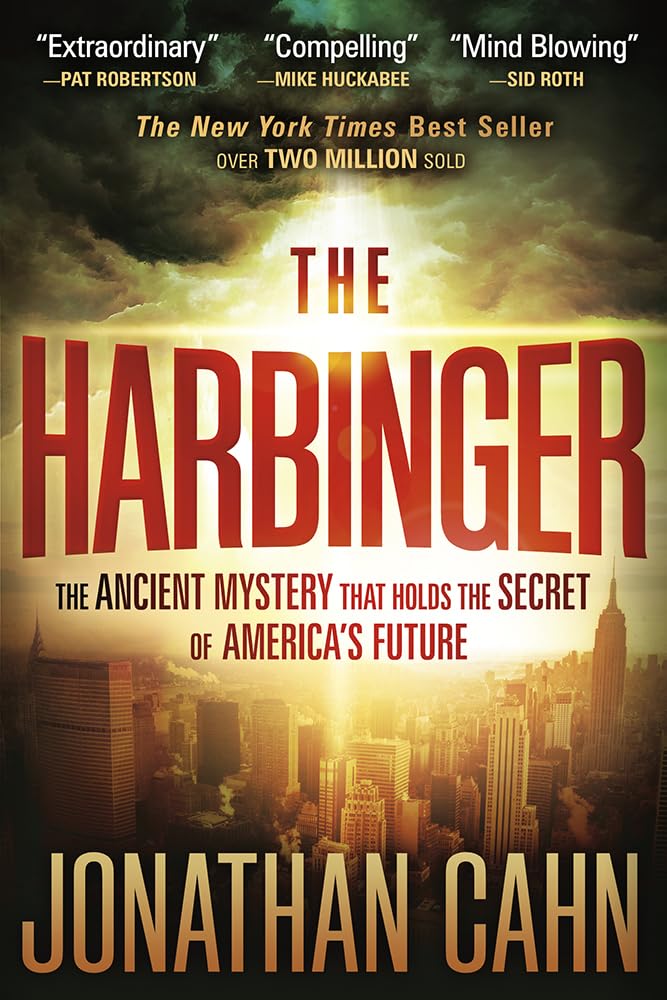 Book cover of 'The Harbinger' by Jonathan Cahn with cityscape and sunset background