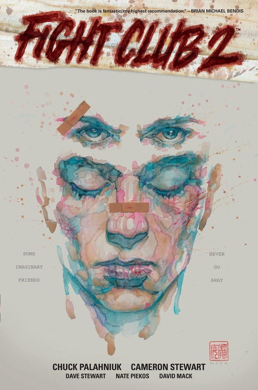 Cover of the graphic novel 'Fight Club 2' featuring a stylized, abstract illustration of a male figure with blue and red eyes, indicating a scene possibly from the comic book. The title at the top and author's name, Chuck Palahniuk, along with illustrators, Cameron Stewart, Dave Stewart, Nate Piekos and David Mack prominently displayed at the bottom, or footer of the cover.
