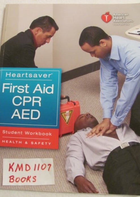 Heartsaver First Aid CPR AED Student Workbook with a training scenario on a white background