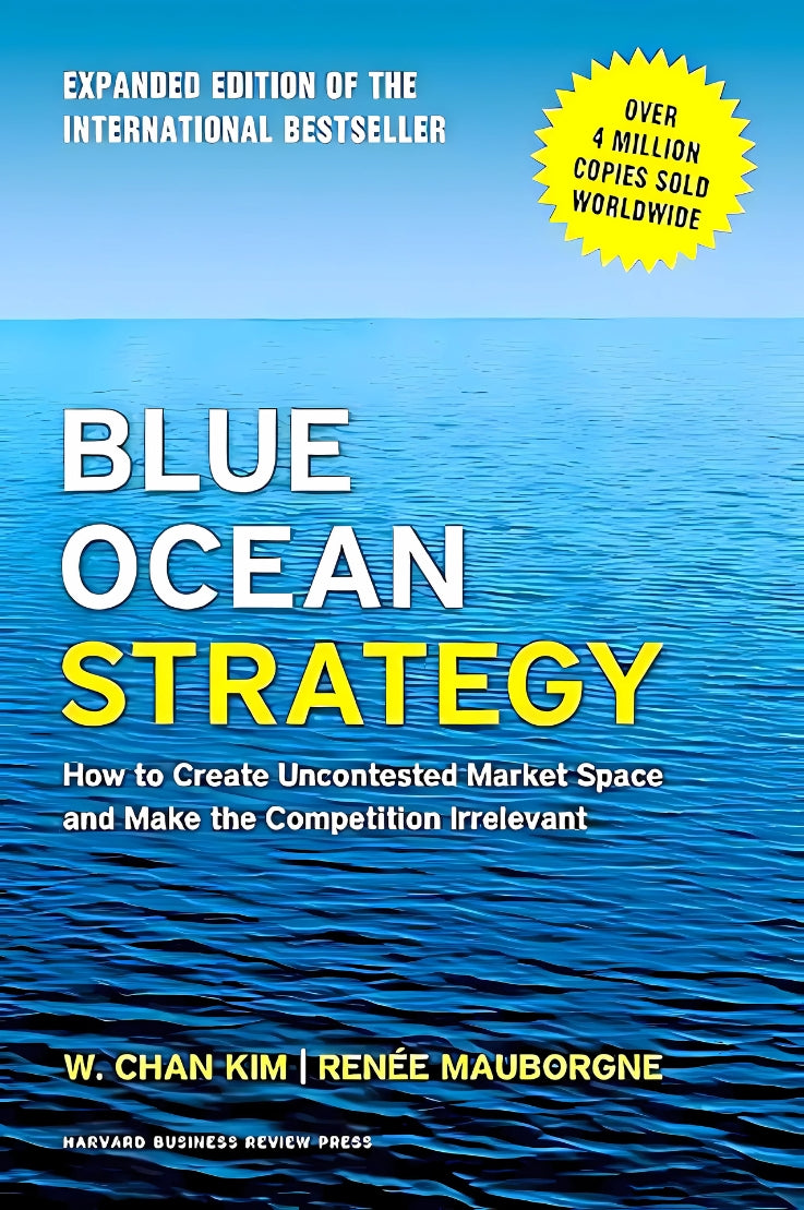 Cover of the book 'Blue Ocean Strategy' by W. Chan Kim and Renée Mauborgne, featuring a title in white text on a background image of a calm blue ocean.