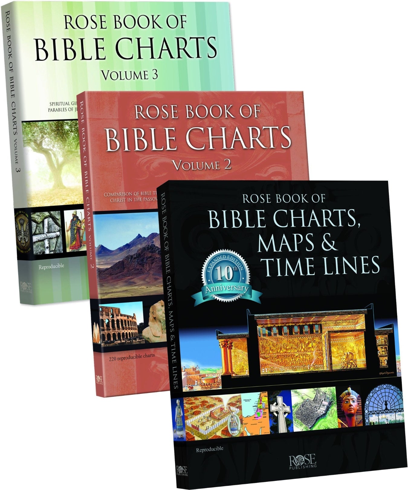 Three books titled 'Rose Book of Bible Charts, Maps & Time Lines' on a white background
