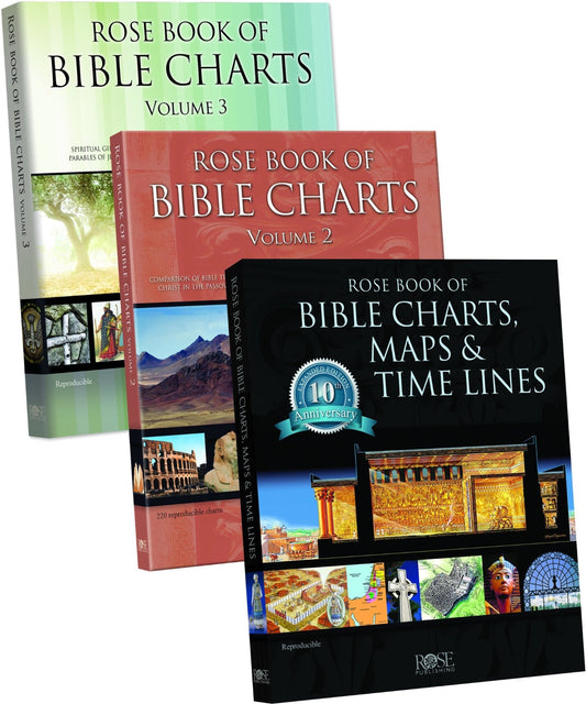 Three books titled 'Rose Book of Bible Charts, Maps & Time Lines' on a white background