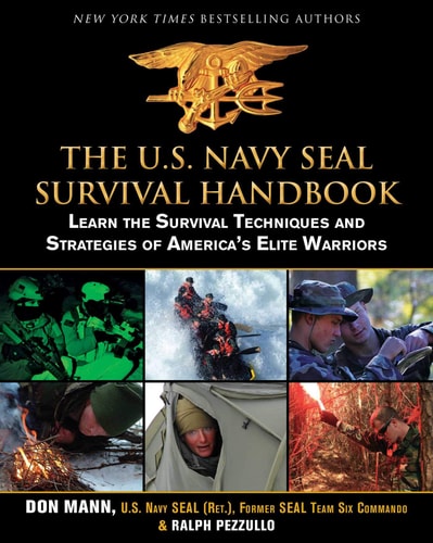 Book cover of 'The U.S. Navy SEAL Survival Handbook' with images of Navy SEALs and text.