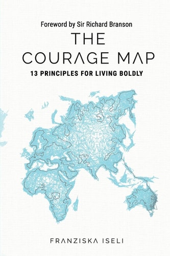 Book cover of 'The Courage Map' with a world map design and Sir Richard Branson's foreword text.