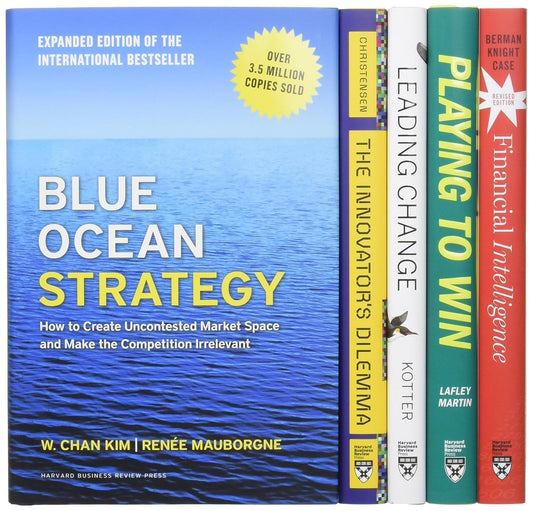 Book box set 'Executive Academic Leadership & Strategy (5-Books) Box Set by HBR' featuring all title on book spins and 'Blue Ocean Strategy' by W. Chan Kim and Renee Mauborgne displaying book front cover.