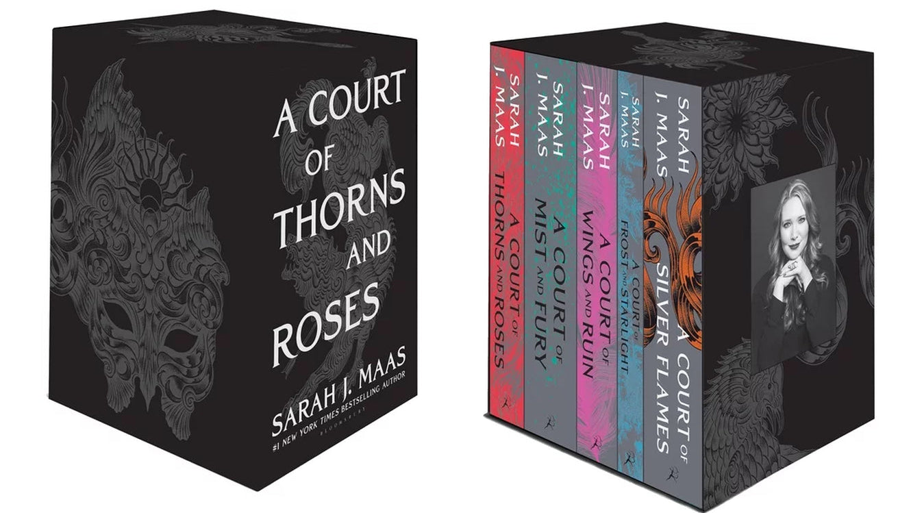 A five-book box set of 'A Court of Thorns and Roses' by Sarah J. Maas, featuring hardcover editions with black and floral design on the covers.