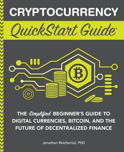 Book cover of 'Cryptocurrency QuickStart Guide' with Bitcoin symbol and digital circuit design.
