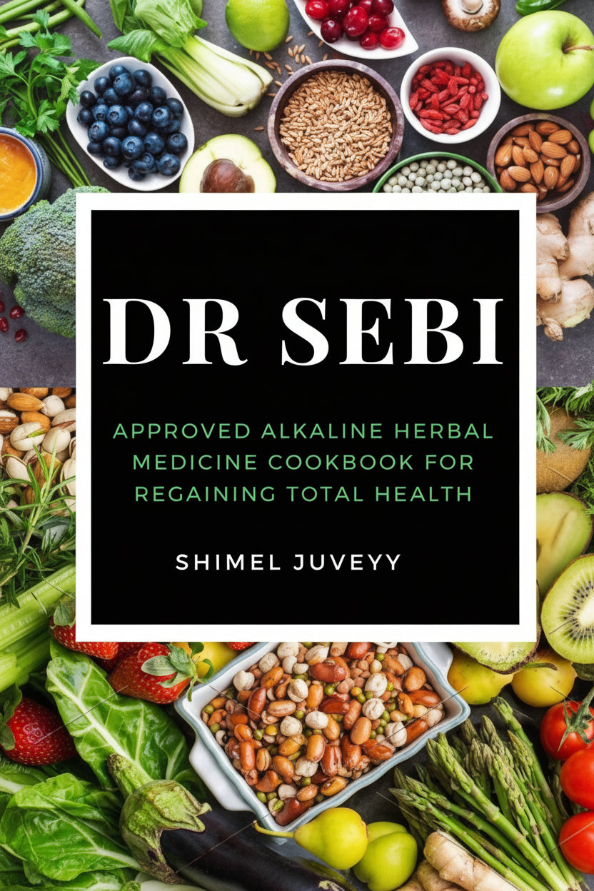Book cover of 'Dr Sebi Approved Alkaline Herbal Medicine Cookbook for Regaining Total Health' with a background of various fruits and vegetables.
