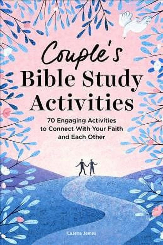Book cover of 'Couple's Bible Study Activities' by LaJena James featuring a watercolor illustration of a couple walking in a garden with trees and a sky background.