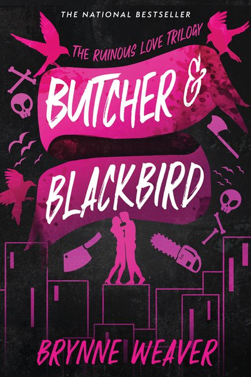 This image features the cover of "Butcher & Blackbird: The Ruinous Love Trilogy" by Brynne Weaver. The cover design is striking with its dark and vibrant colors.