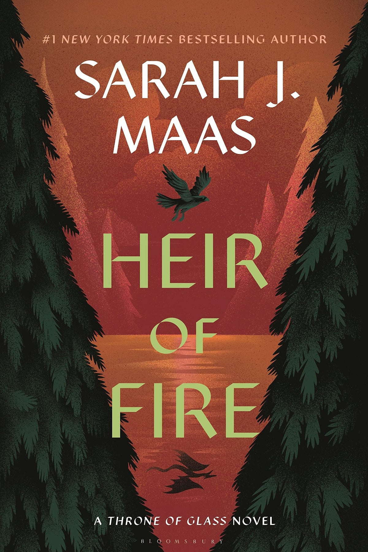 Book cover of 'Heir of Fire' by Sarah J. Maas with a fiery background and trees.