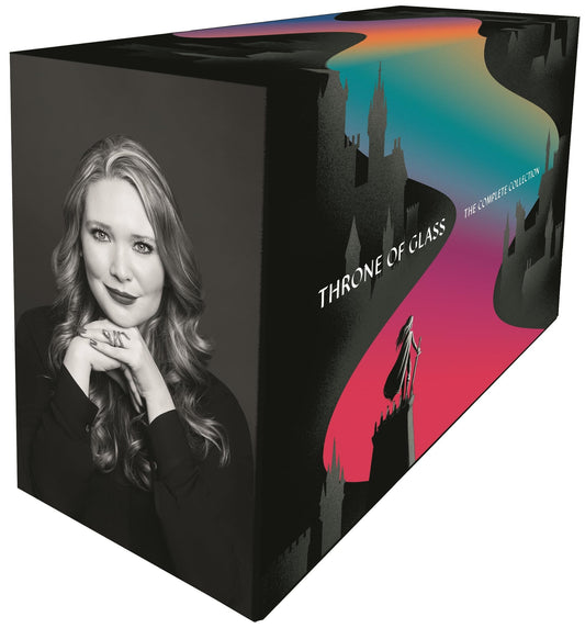 Box set titled 'Throne of Glass' with a silhouette of a castle and a woman's portrait on a black background.