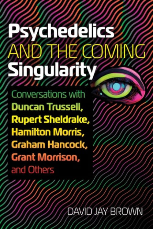 This image features the cover of the book "Psychedelics and the Coming Singularity" by David Jay Brown. The design is vibrant and visually striking, with a bold, multicolored pattern in shades of pink, purple, and black.