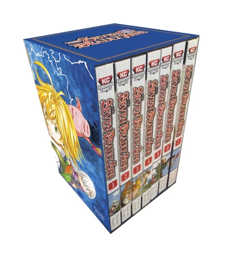 A boxed set of The Seven Deadly Sins manga book box set-1 by Nakaba Suzuki and Kodansha Comics featuring illustrated character artwork on each volume.