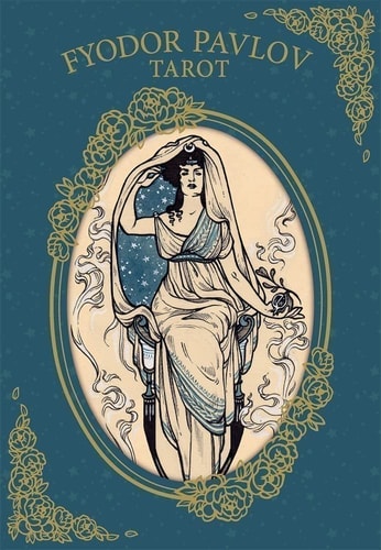 Book cover of Fyodor Pavlov Tarot with an illustration of a woman in a dress on a blue background.