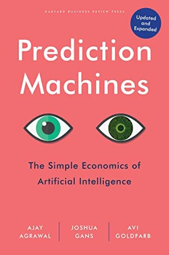 Book cover of 'Prediction Machines' with a pink background and eye design.
